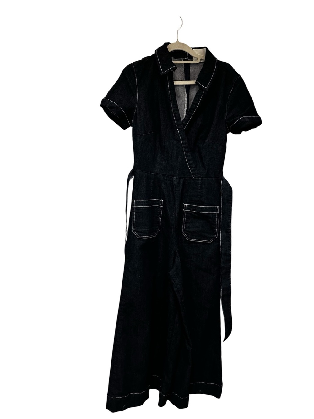 Anthropologie Dark Blue Denim Jumpsuit with White Topstitching